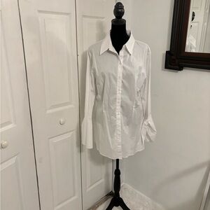 Neiman Marcus Women’s Tulip Sleeve Button Down White Shirt Sz L 97% Cotton NWT